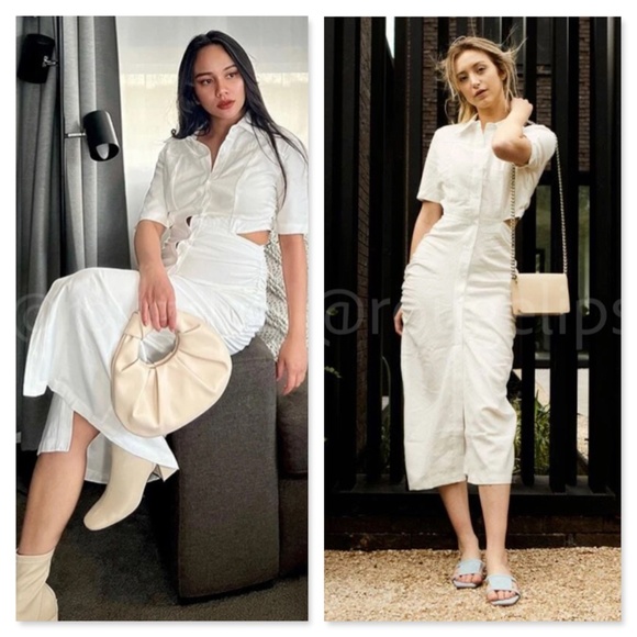 White Button Front Cut Out Back Midi Dress Short Sleeve Ruched Hips Collared - Picture 10 of 10